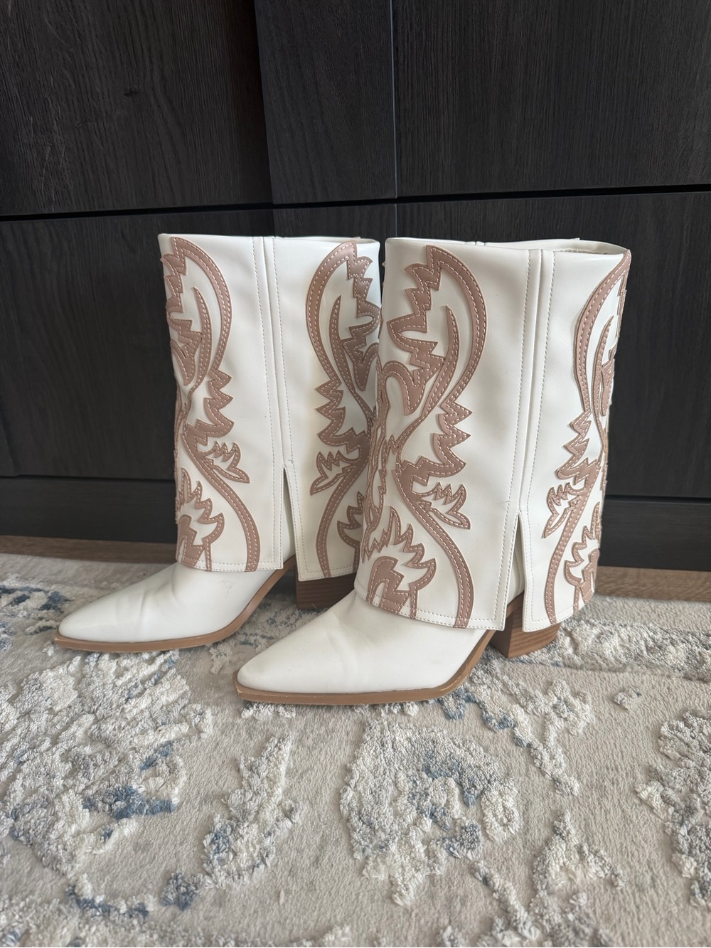 White Western Embroidered Mid-Calf Boots - Women's Combat & Moto Style